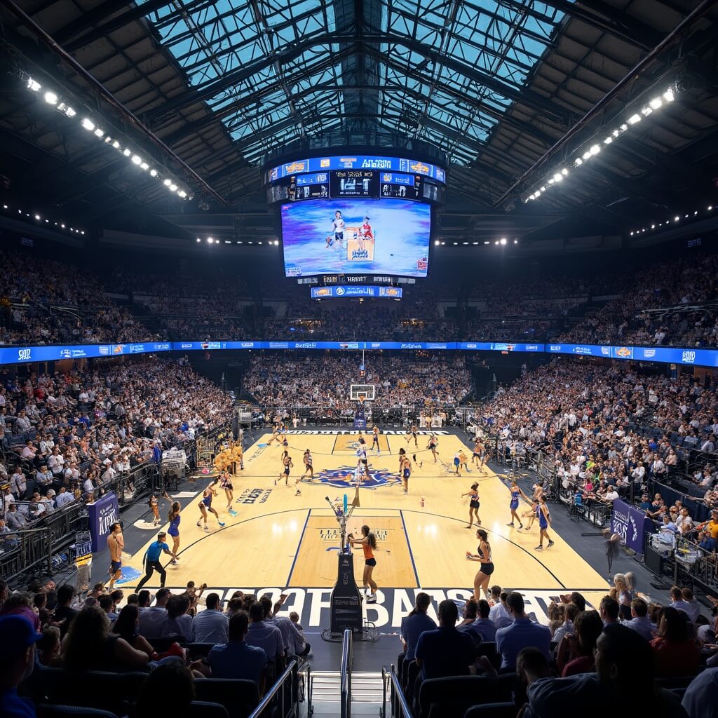 Professional athletes engaged in a dynamic volleyball match at Fort Bend County Epicenter, under a soaring glass ceiling, as fans in stadium seats cheer, under dramatic sports lights.