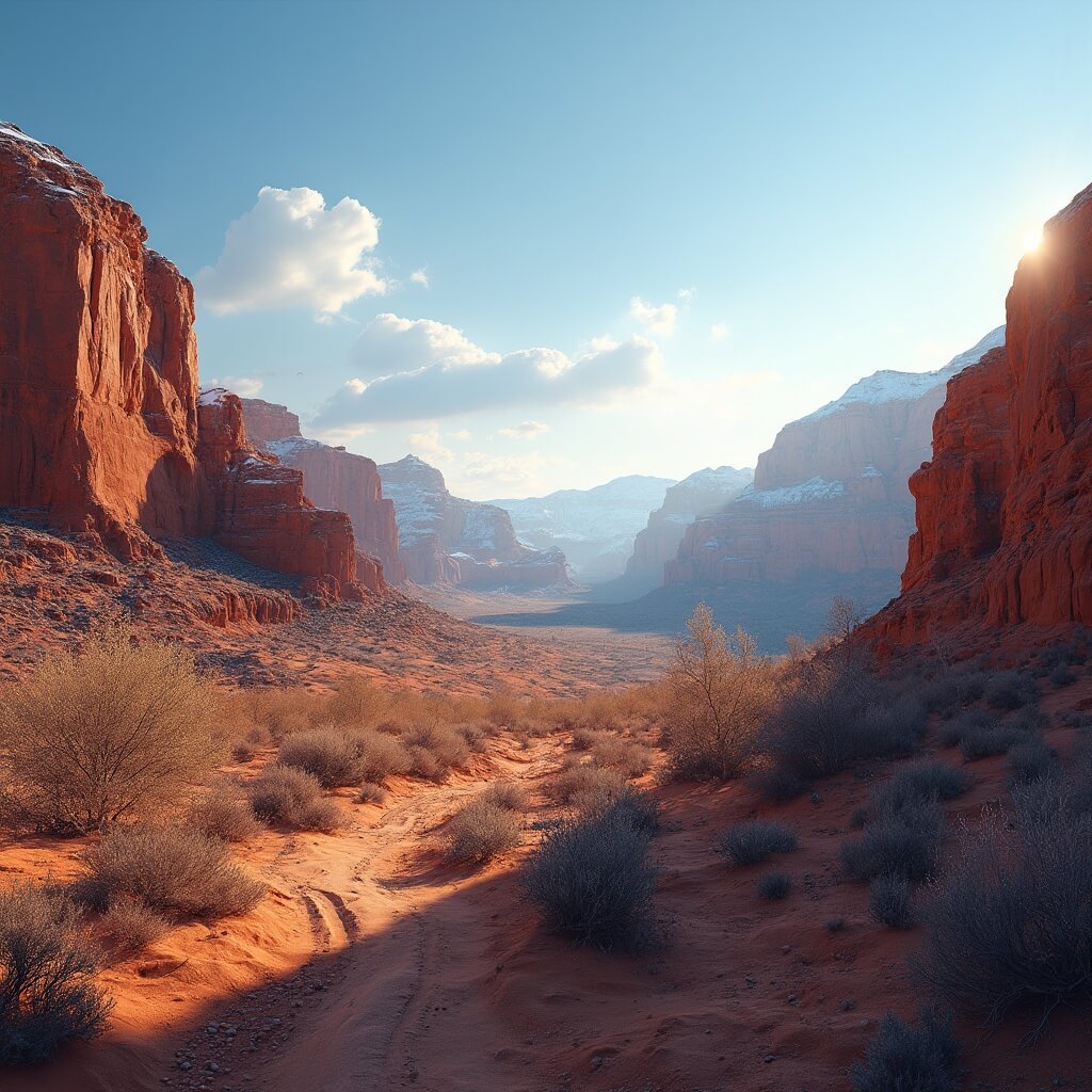 "Serene winter morning at Red Rock Canyon with rust-colored sandstone cliffs, light snow on distant peaks, desert vegetation, winding hiking trails, and long shadows in the golden morning light, clear blue sky, panoramic view."