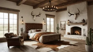Photorealistic interior of a spacious western luxury bedroom featuring a reclaimed barn wood king bed with a tufted cognac leather headboard, cream linen bedding, a vintage saddle leather armchair, and a floor-to-ceiling stone fireplace, accented by wrought-iron chandelier, mounted antlers, and southwestern pattern pillows, illuminated by golden hour sunlight.