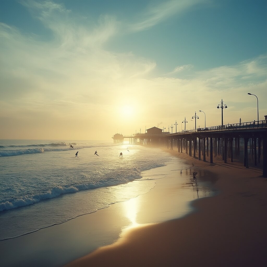 Vintage style photo of Santa Monica pier at sunset with silhouetted surfers in the ocean