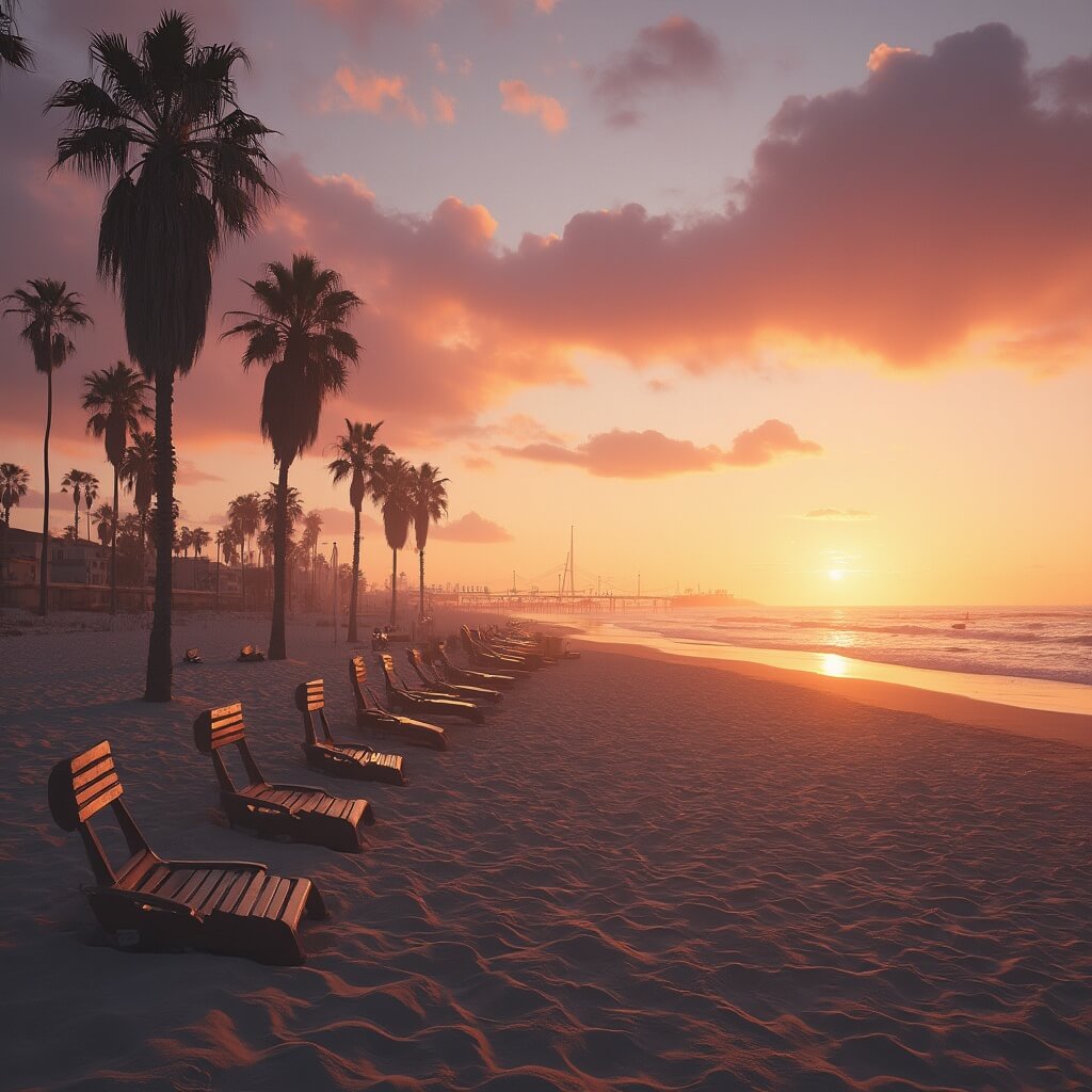 Santa Monica Beach at sunset in February with empty beach chairs, palm trees, gentle waves, and distant silhouette of the Santa Monica Pier against a warm, orange and purple sky