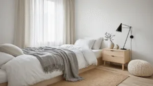 A serene Scandinavian guest bedroom featuring a twin bed with crisp white linens, soft gray throws, light blonde wood nightstand, a ceramic lamp, and natural light filtering through sheer linen curtains, set on a light wooden floor with a jute rug and knitted cream pouf.