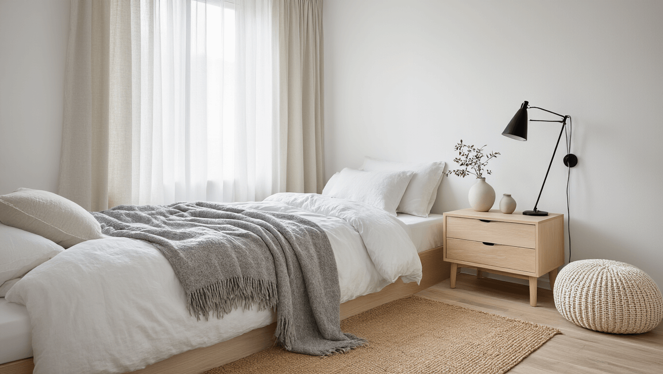 A serene Scandinavian guest bedroom featuring a twin bed with crisp white linens, soft gray throws, light blonde wood nightstand, a ceramic lamp, and natural light filtering through sheer linen curtains, set on a light wooden floor with a jute rug and knitted cream pouf.