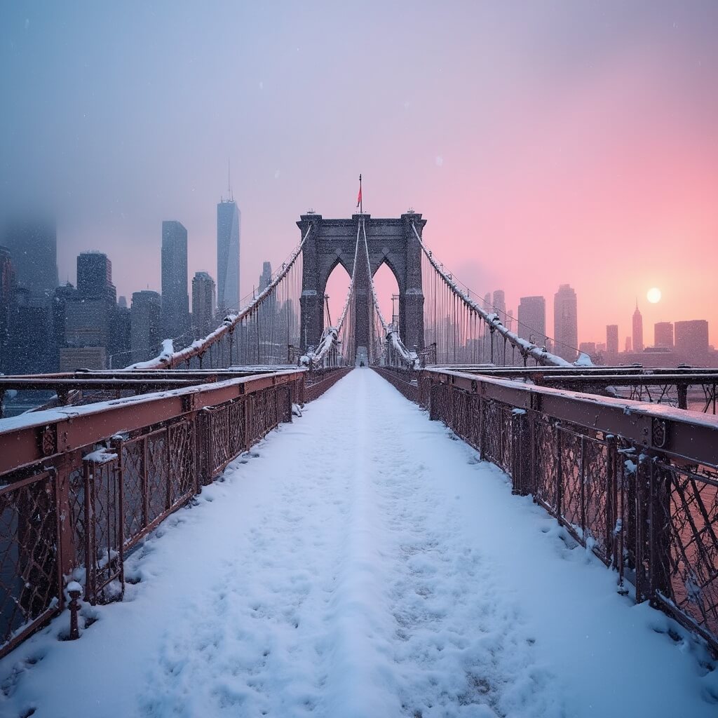Dawn over snow-covered Brooklyn Bridge with pink and orange sunrise lighting Manhattan skyline, mist rising from East River