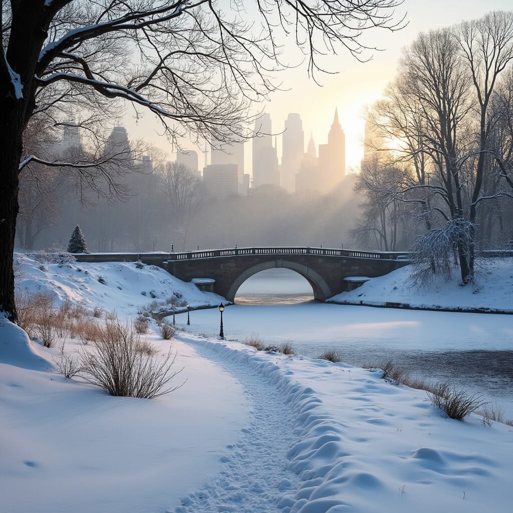 Snow-dusted stone bridge in Central Park on a serene winter morning, with untouched snow, Manhattan skyline in the background, and golden light filtering through bare trees.