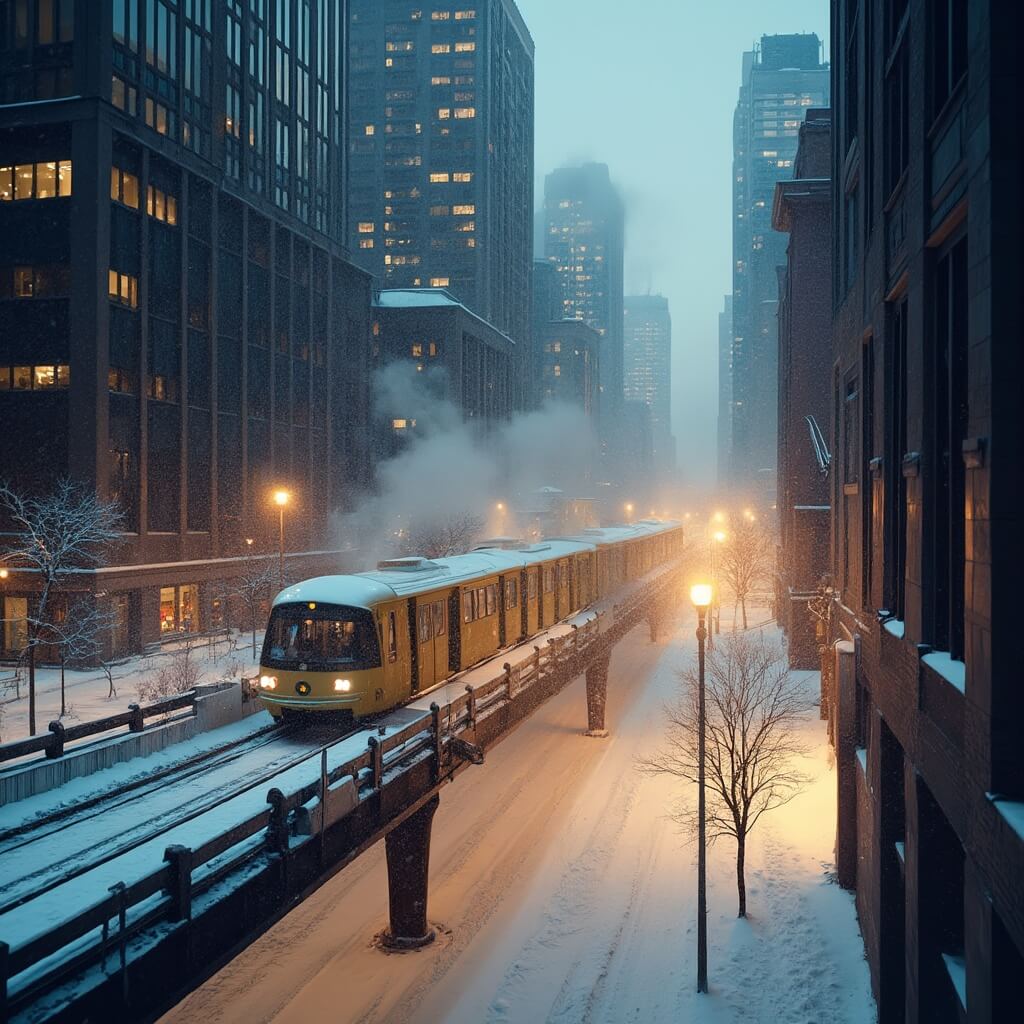 A snowy dusk in Detroit city with warmly lit skyscrapers, the People Mover train in motion, and streets lit by golden streetlights for a cozy winter ambiance