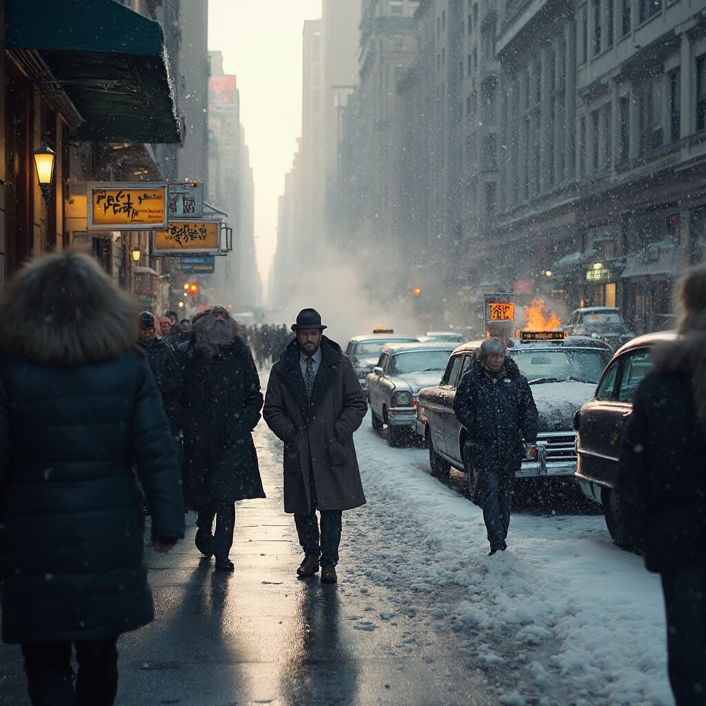 Lower Manhattan snow-covered street scene with people in winter coats, steamy subway grates, New York taxi, wet cobblestones and softly lit historic buildings through gently falling snow
