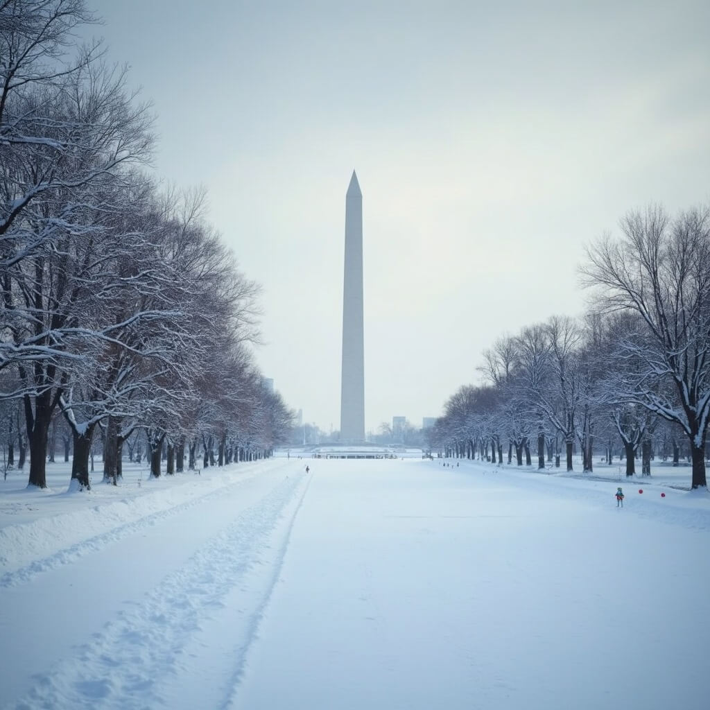 Winter view of National Mall in Washington DC with fresh snowfall, Washington Monument against a gray sky, bare trees, and morning light casting shadows