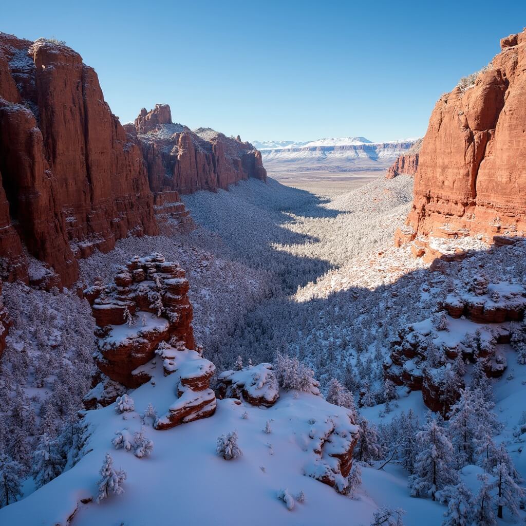 Dramatic winter landscape of Red Rock Canyon with snow-dusted rocky formations, deep shadows, clear blue sky, distant desert view, and natural geological features with warm sunlight casting long shadows, devoid of human presence