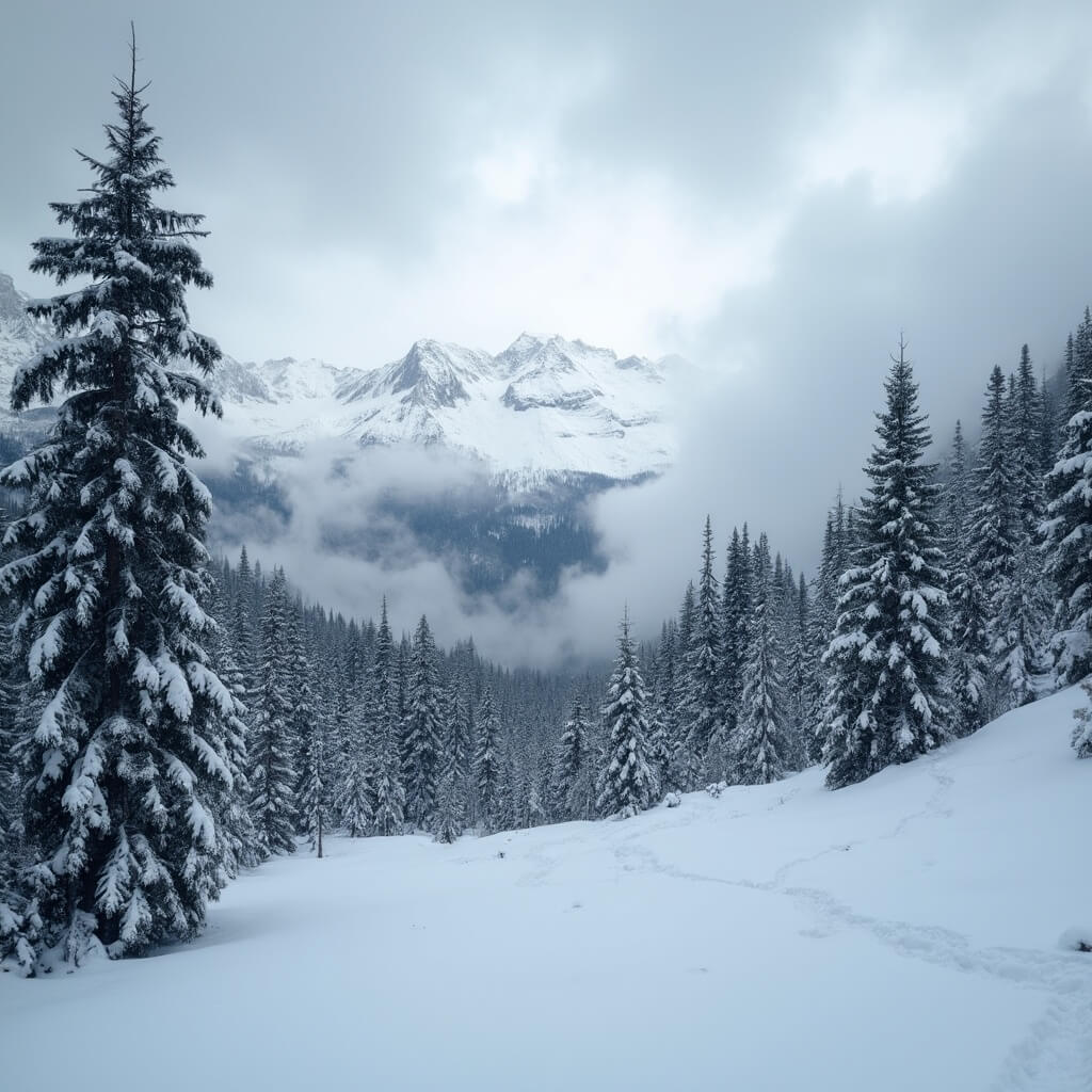 Winter mountain landscape at Snoqualmie Pass near Seattle, showing snow-covered evergreen forest, cloudy sky, foggy mountain peaks, and moist pine trees