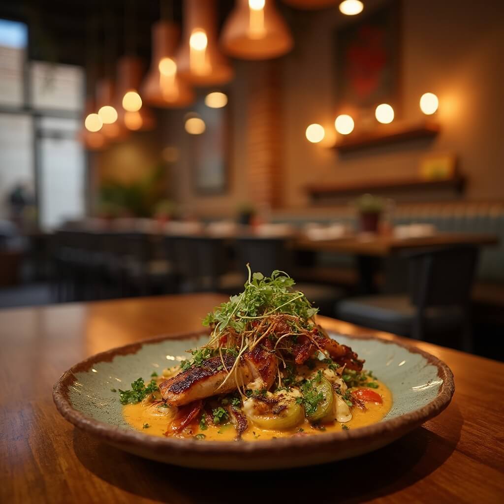 "Elegant Southwestern fusion dish beautifully served in a high-end Scottsdale restaurant with warm, rustic decor and desert-inspired elements"