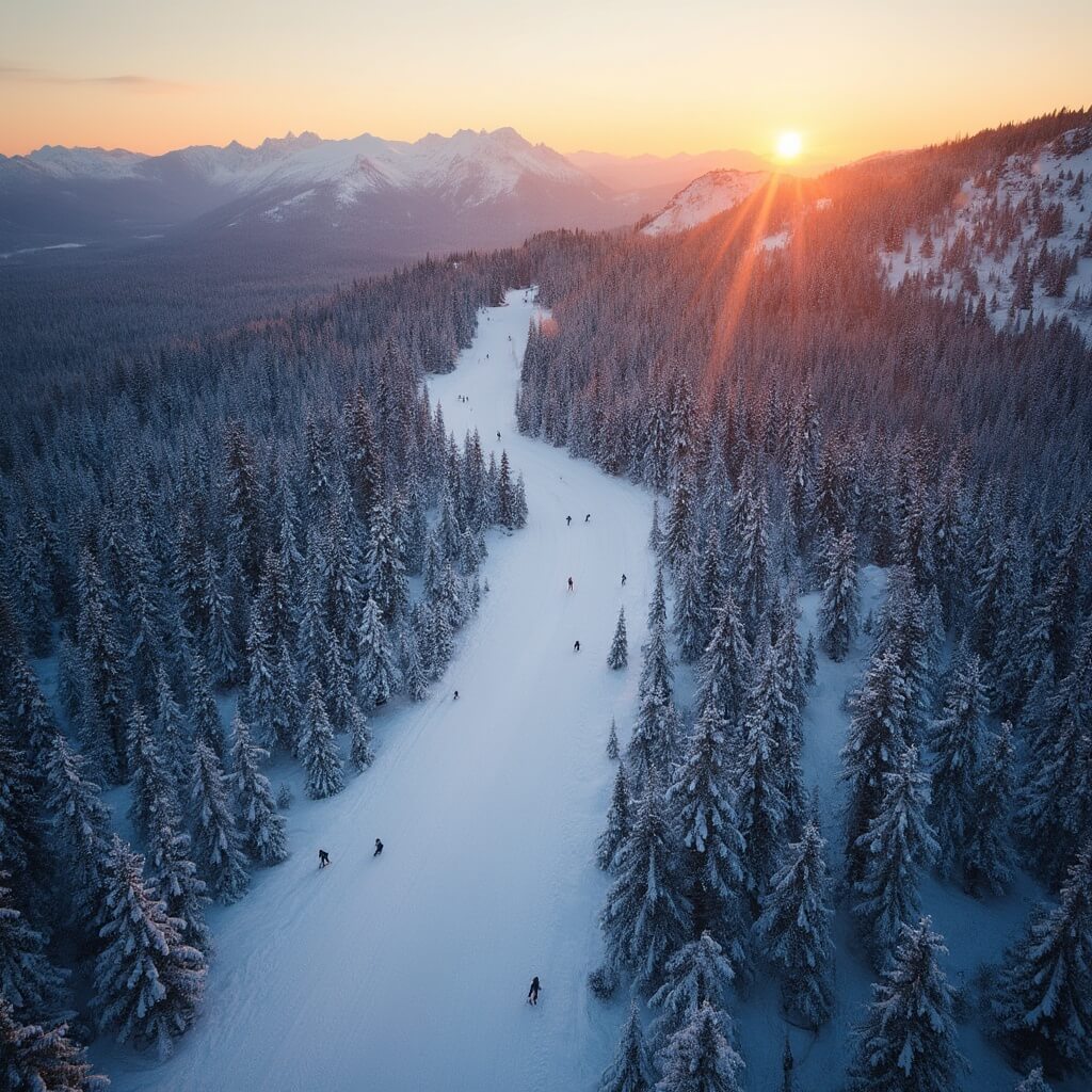 Aerial view of Stevens Pass ski resort at sunset, with skiers on snow-covered runs amidst dense forest and mountainous terrain, under a golden-orange light