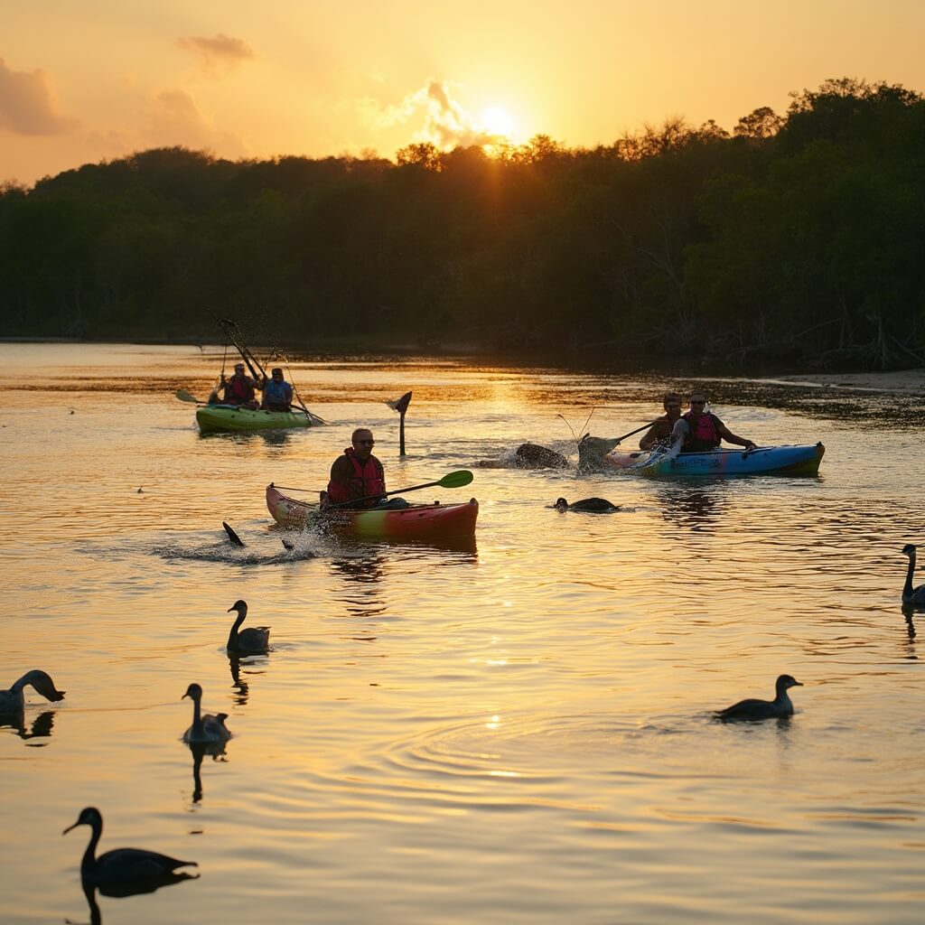 Dolphins frolicking around kayaks during sunrise on Banana River, with mangroves and wading birds in the background