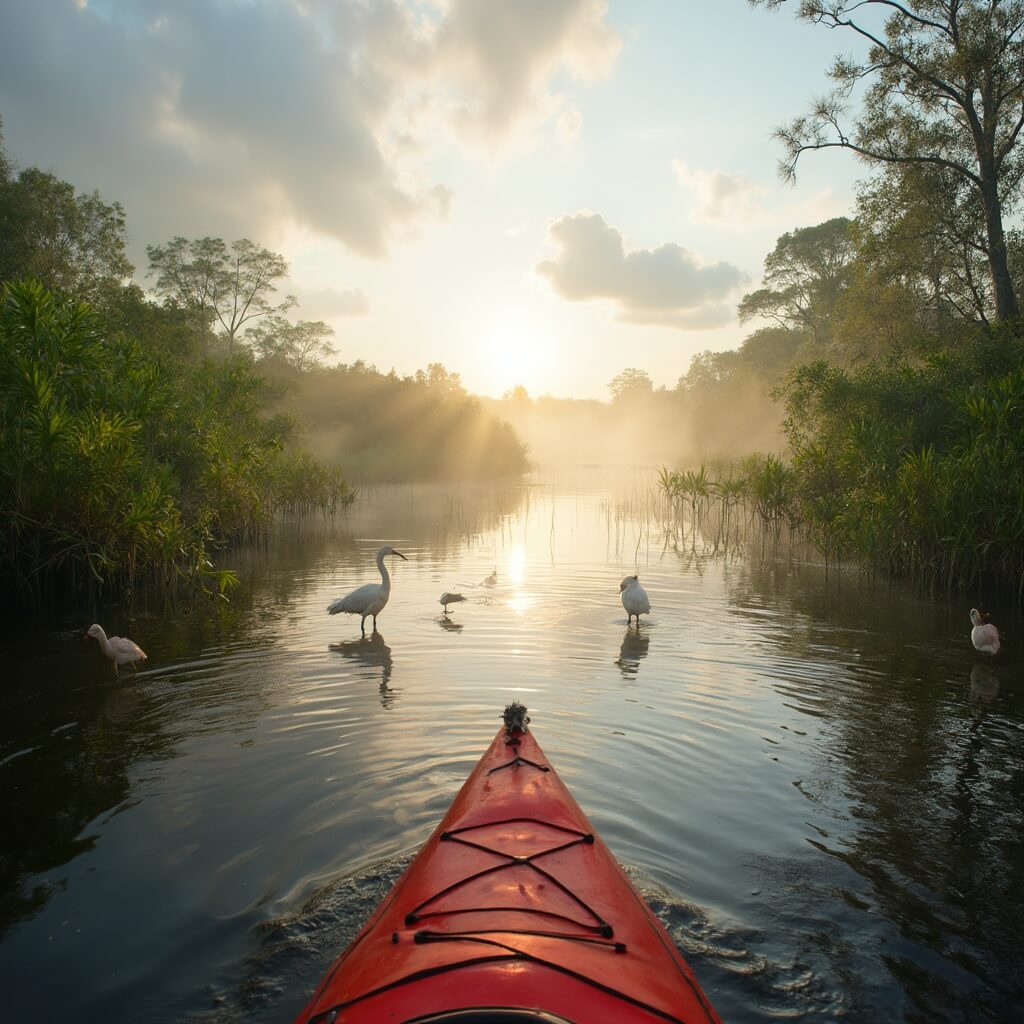 Red kayak gliding in calm waters surrounded by green vegetation at Timucuan Ecological Preserve, under a partly cloudy sky with golden light and distant mist, with egrets and herons near the shoreline