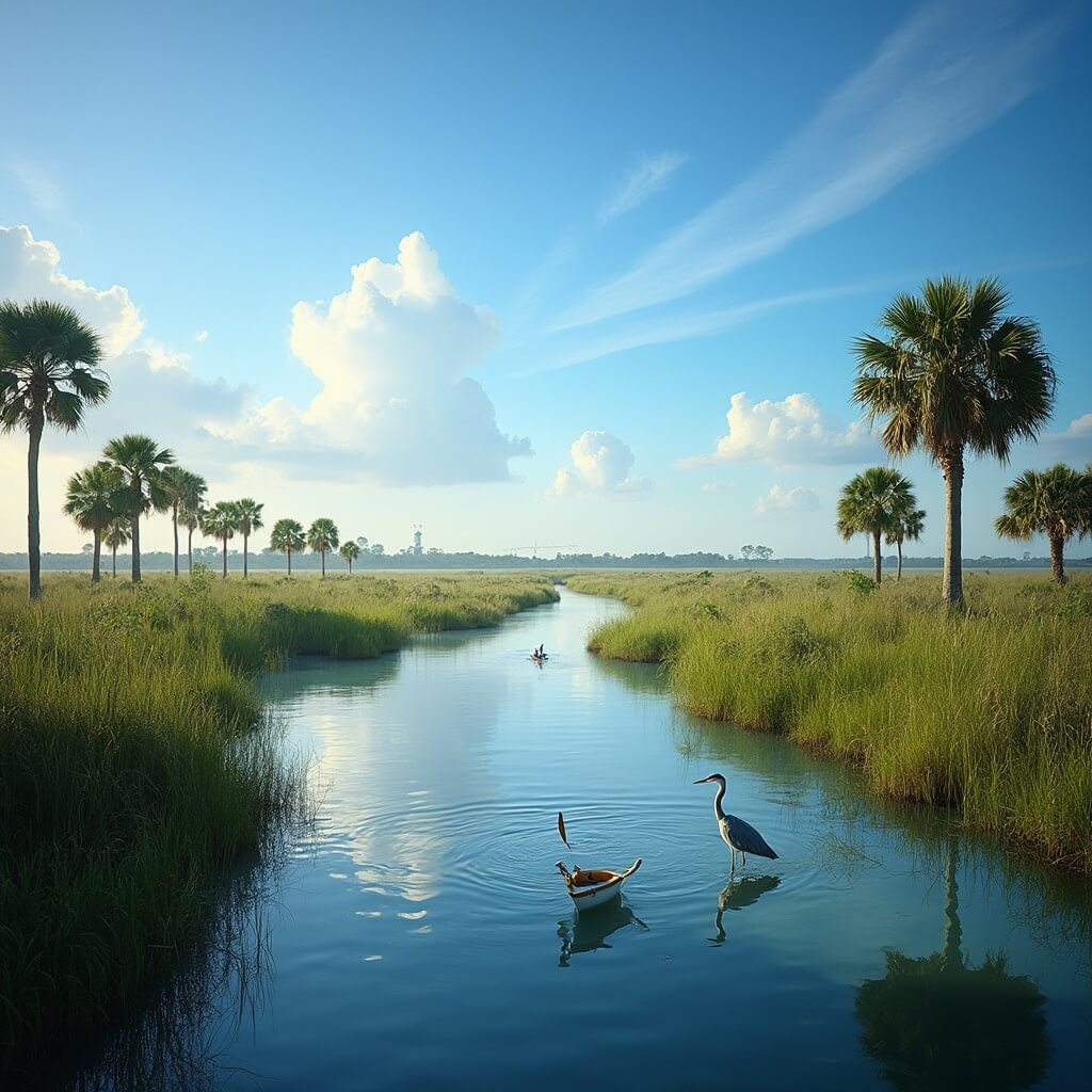Daytime view of Timucuan Ecological and Historic Preserve featuring a kayak trail, coastal wetlands, a Great Blue Heron in the foreground, and distant kayakers under a blue sky with March sunlight creating water reflections.