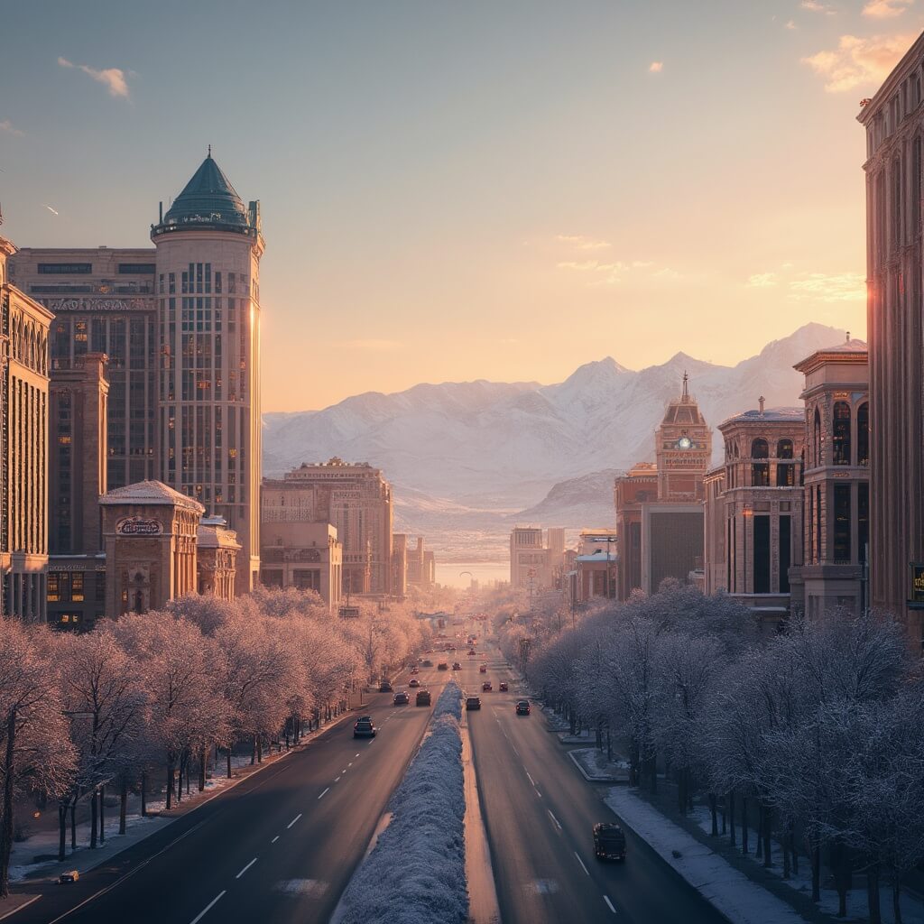Panoramic view of Las Vegas Strip at sunset in winter with snow-capped mountains in the background, an empty boulevard, and detailed architecture under soft golden light