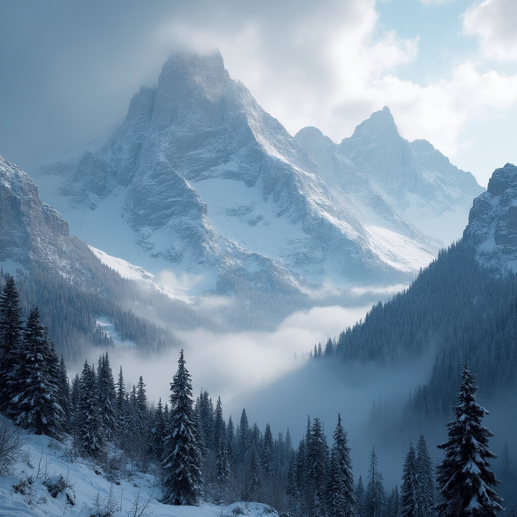 Winter landscape with snow-covered Washington State mountain range, morning sunlight piercing through mountain clouds, and dense evergreen forest in foreground