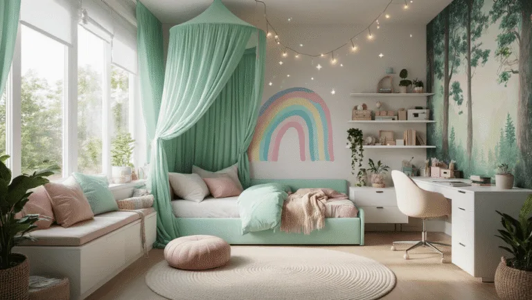 Photorealistic render of a dreamy teen bedroom featuring a mint green canopy bed, pastel rainbow wall decals, a cozy reading nook, fairy lights, and a forest-inspired mural, all bathed in soft afternoon sunlight with cinematic depth of field.