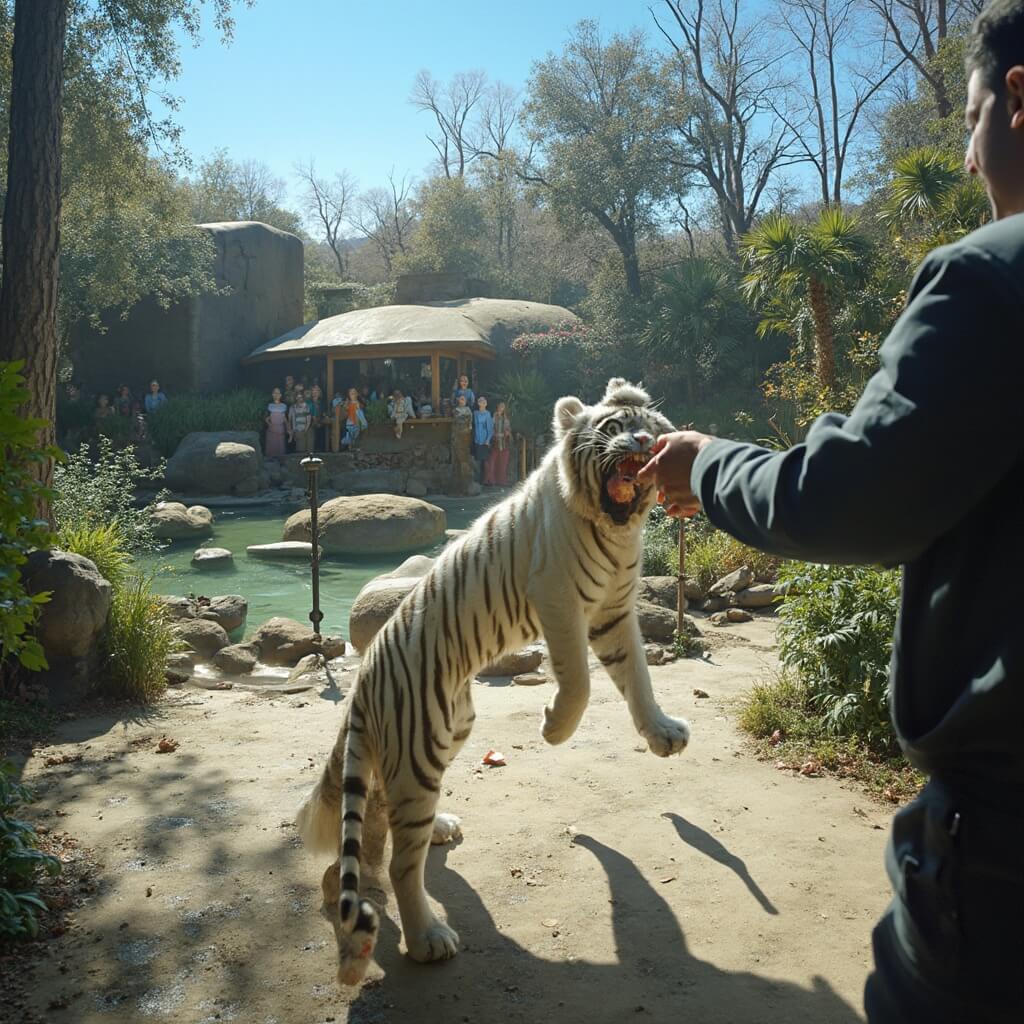 White tiger reaching for a piece of meat during a feeding session at Jacksonville Zoo, with visitors watching in awe from behind viewing glass, under a clear blue February sky.