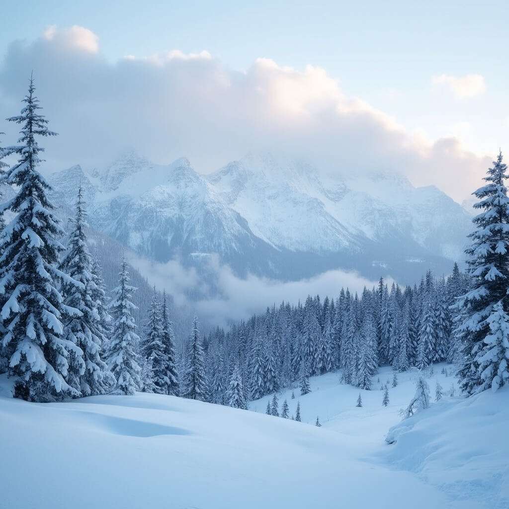 Panoramic view of Cascade Mountains in winter with snow-covered evergreens, distant peaks, powdery snow, and dramatic clouds in a misty atmosphere
