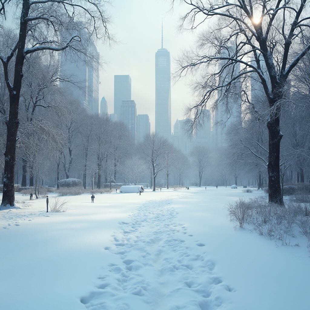 Winter morning in Central Park with snow-covered paths, frost-kissed bare trees, subtle footprints, and blurred skyscrapers in the background