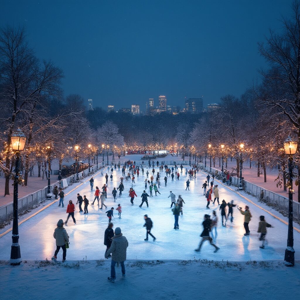 Vibrant skaters enjoying night time ice skating at Red Arrow Park's brightly lit rink, capturing the winter atmosphere, with snow-covered trees, city lights twinkling in distance under a deep blue sky.
