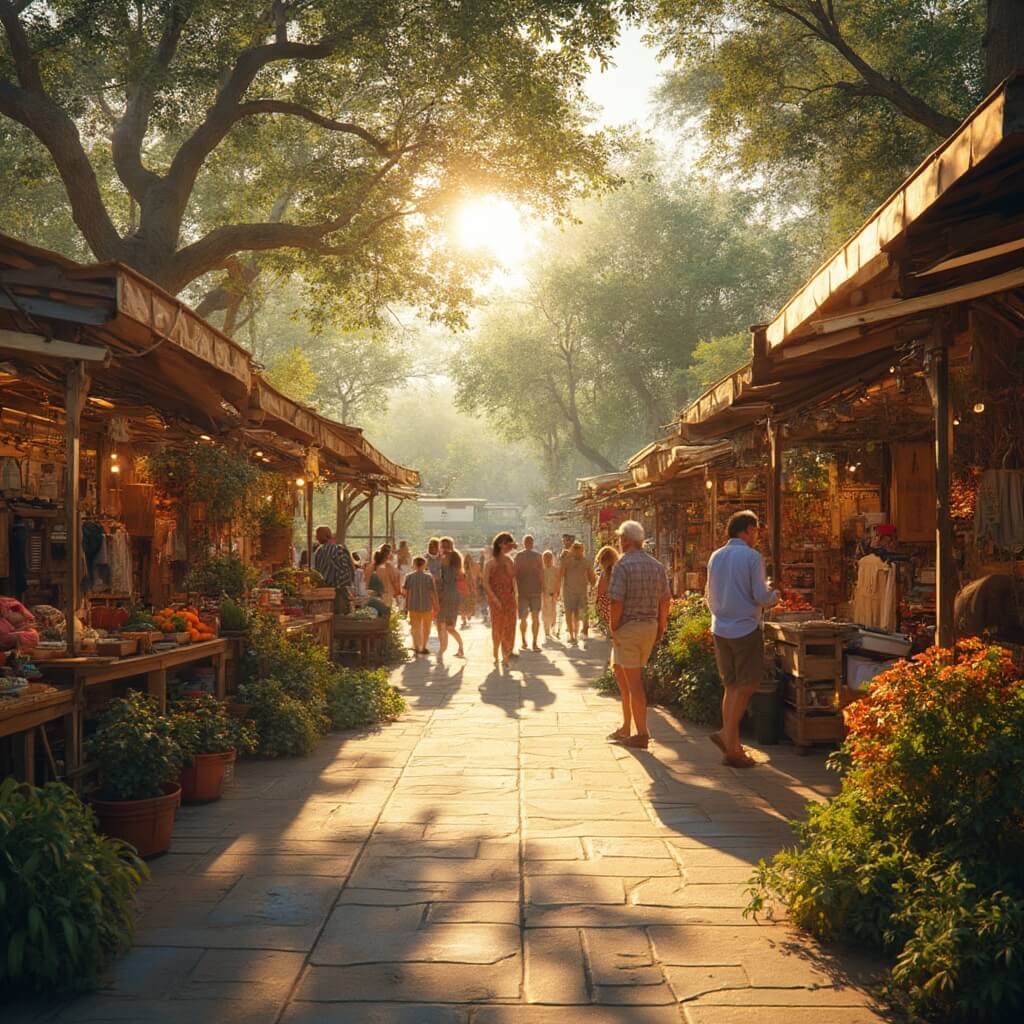 Bustling Winter Park Farmers' Market in Florida with local vendors, fresh produce, shoppers, and warm sunlight filtering through trees