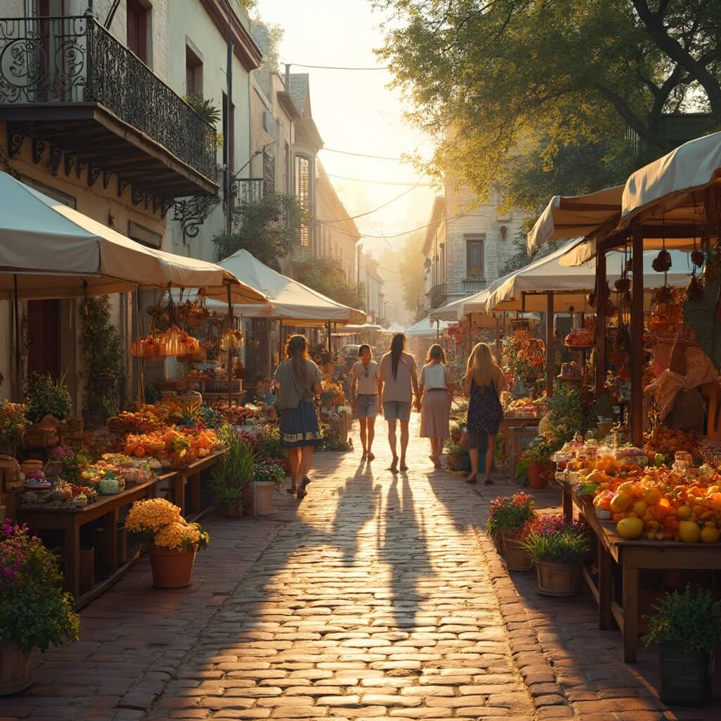 Winter Park farmers market at sunrise showcasing fresh Florida citrus, tropical flowers and local produce on historic brick-paved street with vintage buildings backdrop