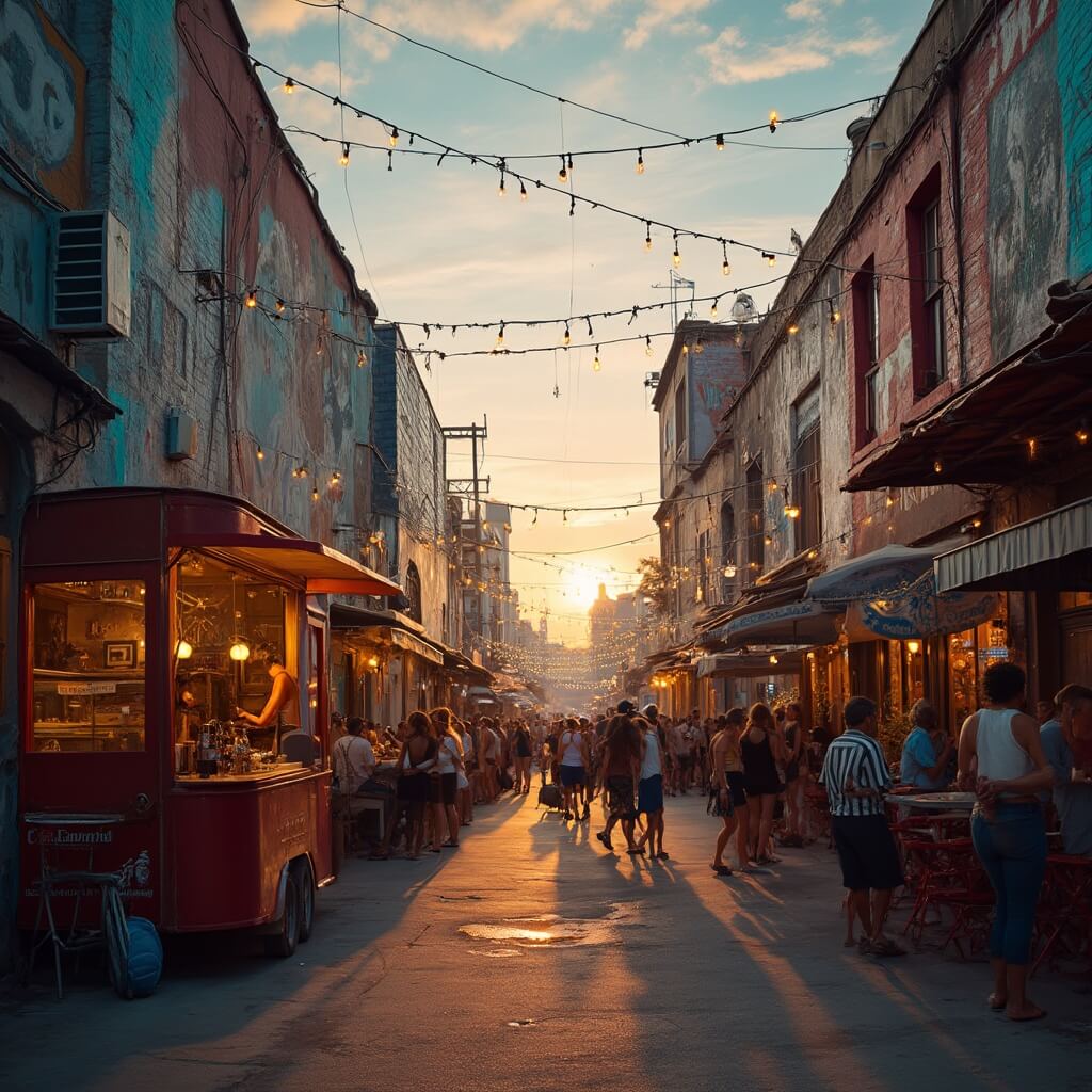 Evening scene in Miami's Wynwood district, featuring murals on warehouse walls, mingling crowds, food trucks, a live band performing, and warm string lights, during golden hour.