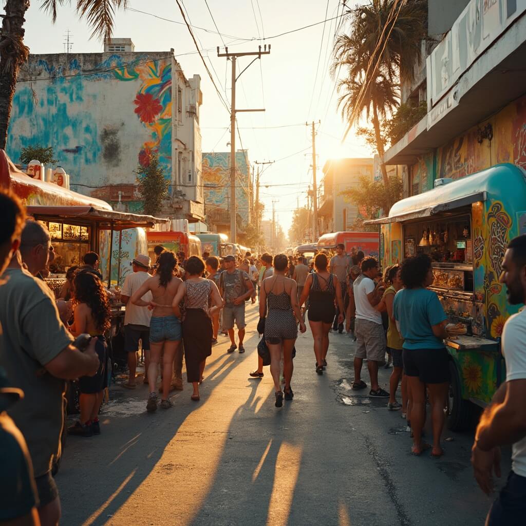 Colorful food trucks and diverse crowd in a lively Wynwood, Miami street food scene with local artists painting murals and golden-hour sunlight creating long shadows.