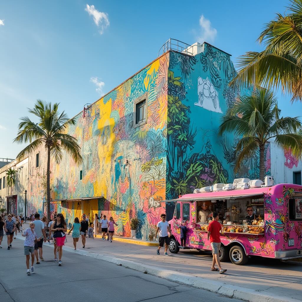 Street art mural with tropical colors on building wall in Wynwood Walls, Miami with admiring people and food truck in view