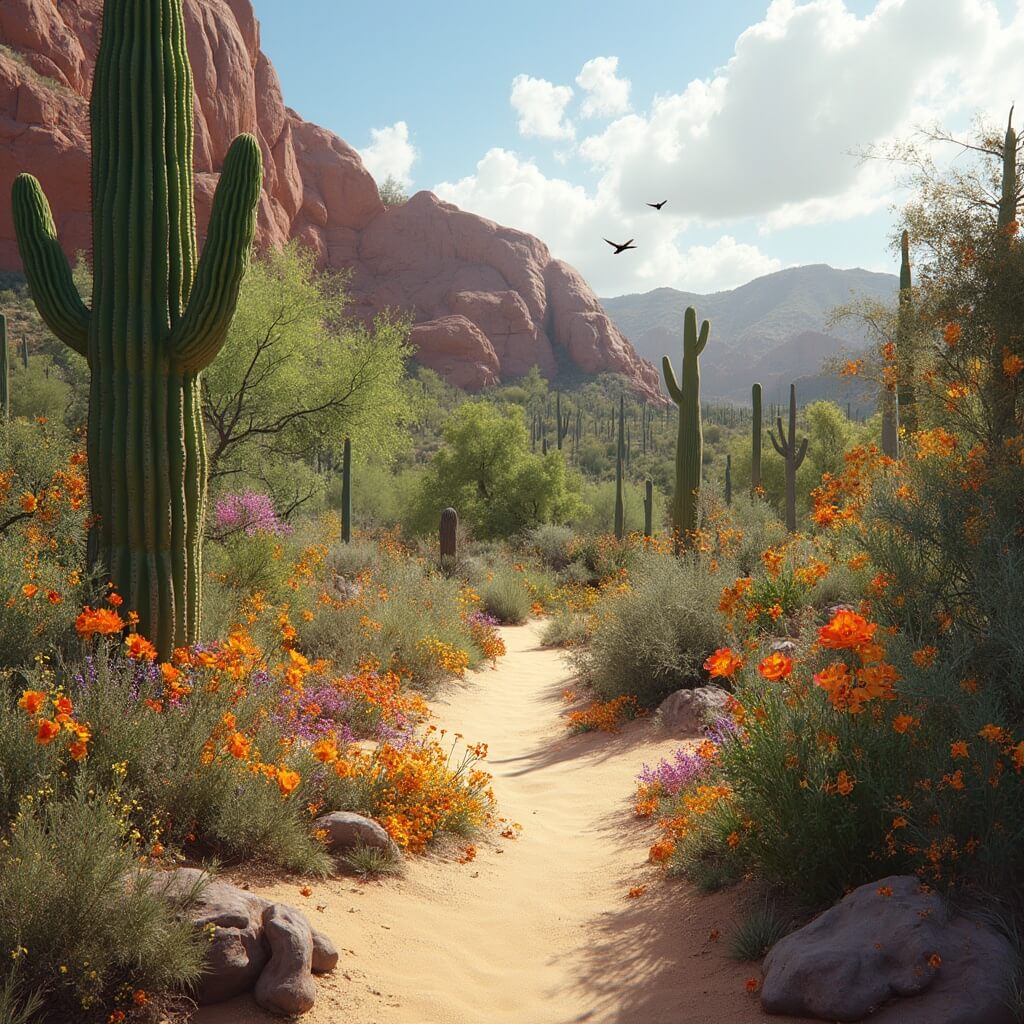 Morning light shining on saguaro cacti and wildflowers in a serene Phoenix desert botanical garden, with hummingbirds near flowering plants, sandy paths and red rock formations in the background