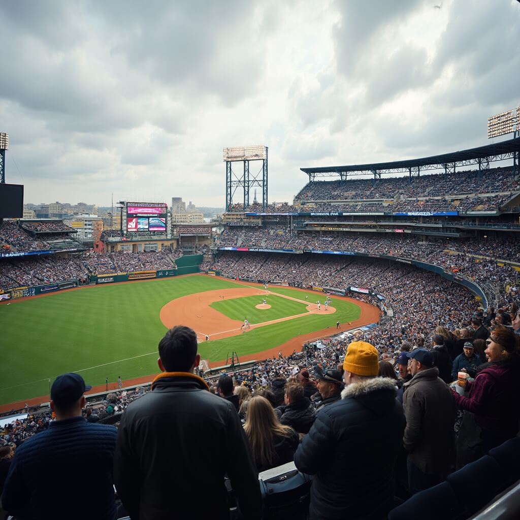 Fans at American Family Field in mixed seasonal attire watching Milwaukee Brewers players warm up in partially filled stadium, cloudy yet sunlit sky over vibrant green baseball field, embodying spring transition mood.