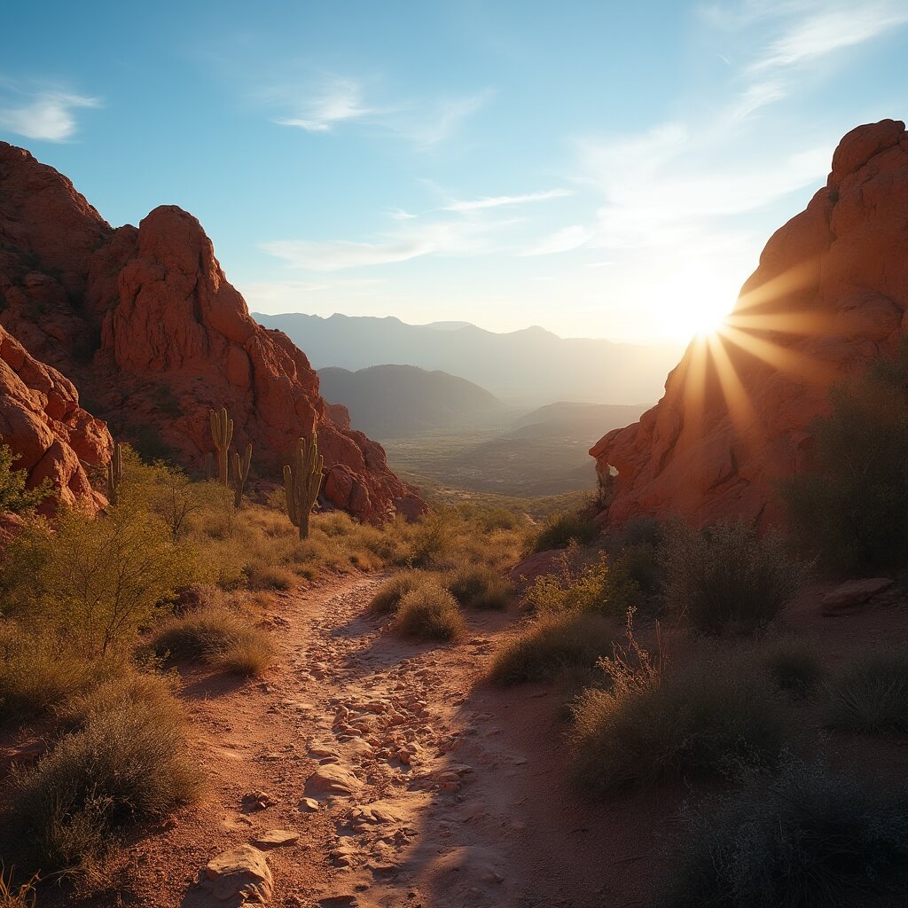 Sunrise over Camelback Mountain with a trail winding through cacti and red-orange rock formations under an azure sky