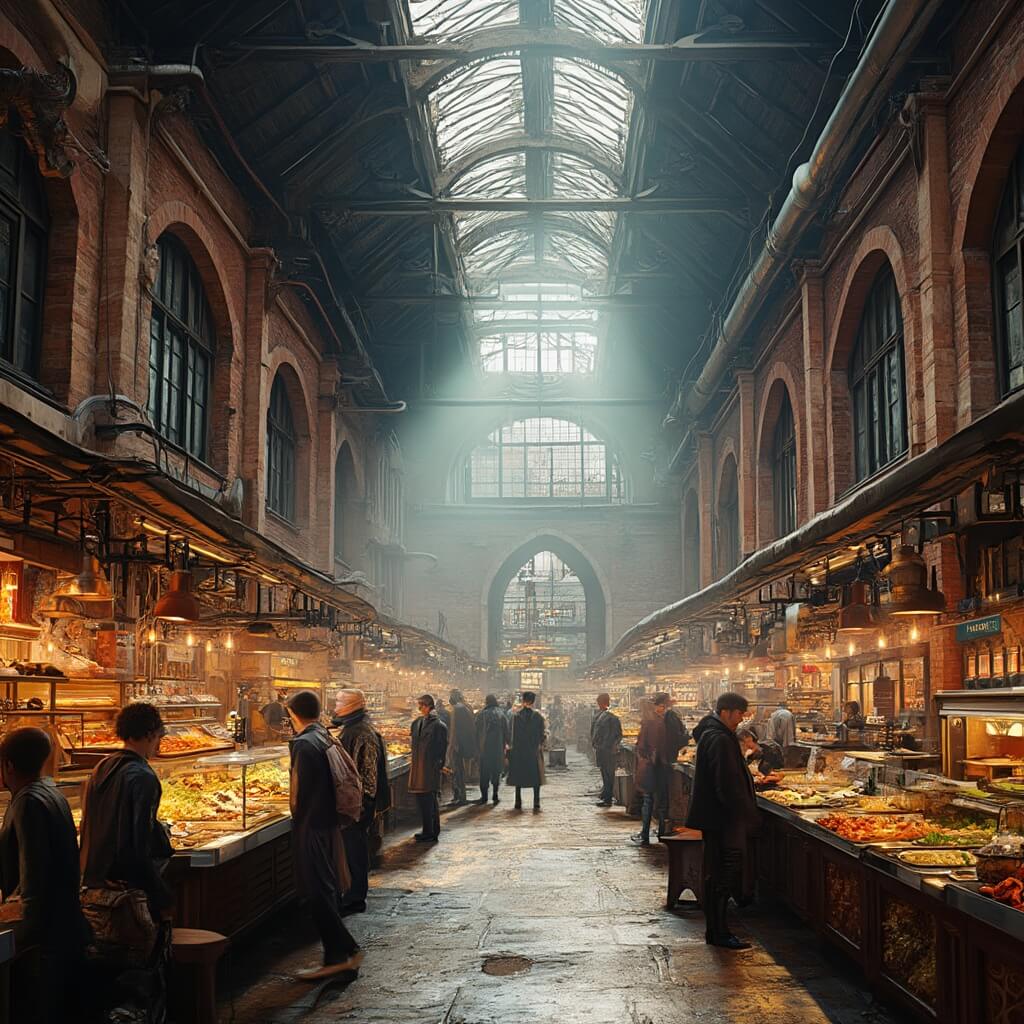 Interior view of Chelsea Market showing industrial ceilings, original pipework, food stalls, large factory windows, brick archways, and people enjoying food at communal tables