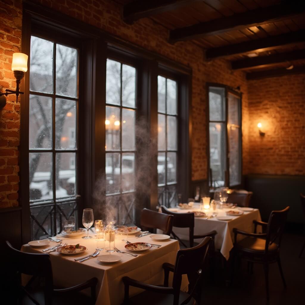 Intimate and cozy Chicago restaurant interior during evening with warm lighting, exposed brick walls, wooden beam ceilings, elegant table settings, large windows with snowfall outside, and steaming plated dishes