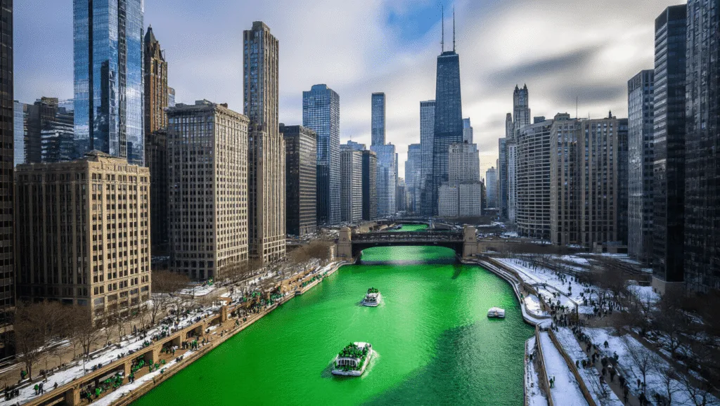 "Chicago skyline on St. Patrick's Day with green-dyed river, buildings in shadows, snow patches, people in green attire on riverwalk, and boats on the river"