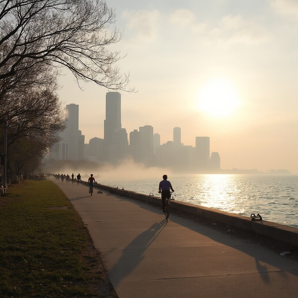 Sunrise view of Chicago Lakefront Trail with skyline silhouette, Spring trees budding, individuals running and biking, and reflections on Lake Michigan, under misty atmospheric conditions