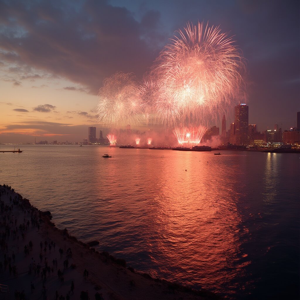 Navy Pier bustling with people during a sunset fireworks display over Lake Michigan with Chicago's city lights twinkling in the distance and colorful reflections on water, during a warm spring evening.