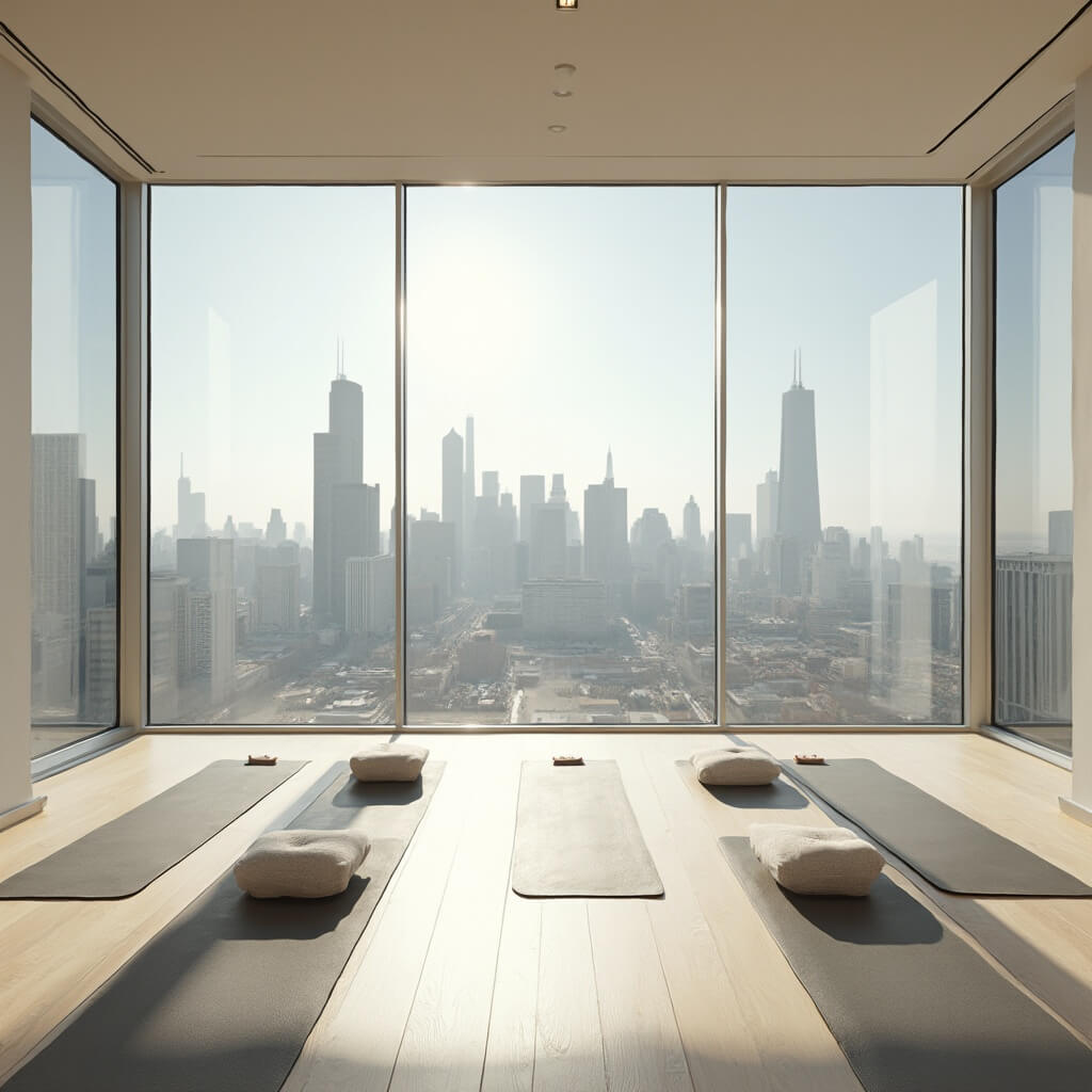 Contemporary wellness studio high in a Chicago skyscraper with city skyline views, featuring natural light, minimalist décor, wooden floors, a circle of meditation cushions, and yoga mats near floor-to-ceiling windows in a serene morning atmosphere.
