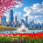 "Spring skyline of Chicago with blooming cherry blossoms and tulips, Millennium Park, Crown Fountain, and outdoor activities, under a blue sky."