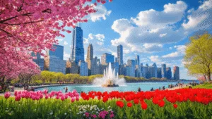 "Spring skyline of Chicago with blooming cherry blossoms and tulips, Millennium Park, Crown Fountain, and outdoor activities, under a blue sky."
