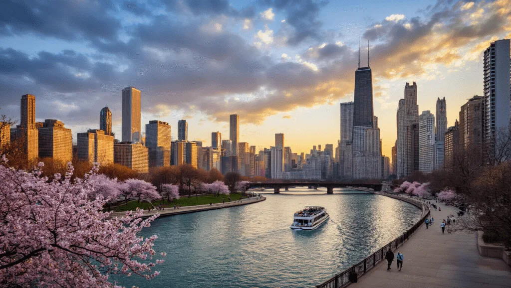 "Chicago's skyline at sunset in April, cherry blossoms foreground, Chicago River, skyscrapers like Willis Tower reflecting golden light, people jogging on Riverwalk, tour boat on river, contrast of urban energy and spring beauty."