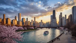 "Chicago's skyline at sunset in April, cherry blossoms foreground, Chicago River, skyscrapers like Willis Tower reflecting golden light, people jogging on Riverwalk, tour boat on river, contrast of urban energy and spring beauty."
