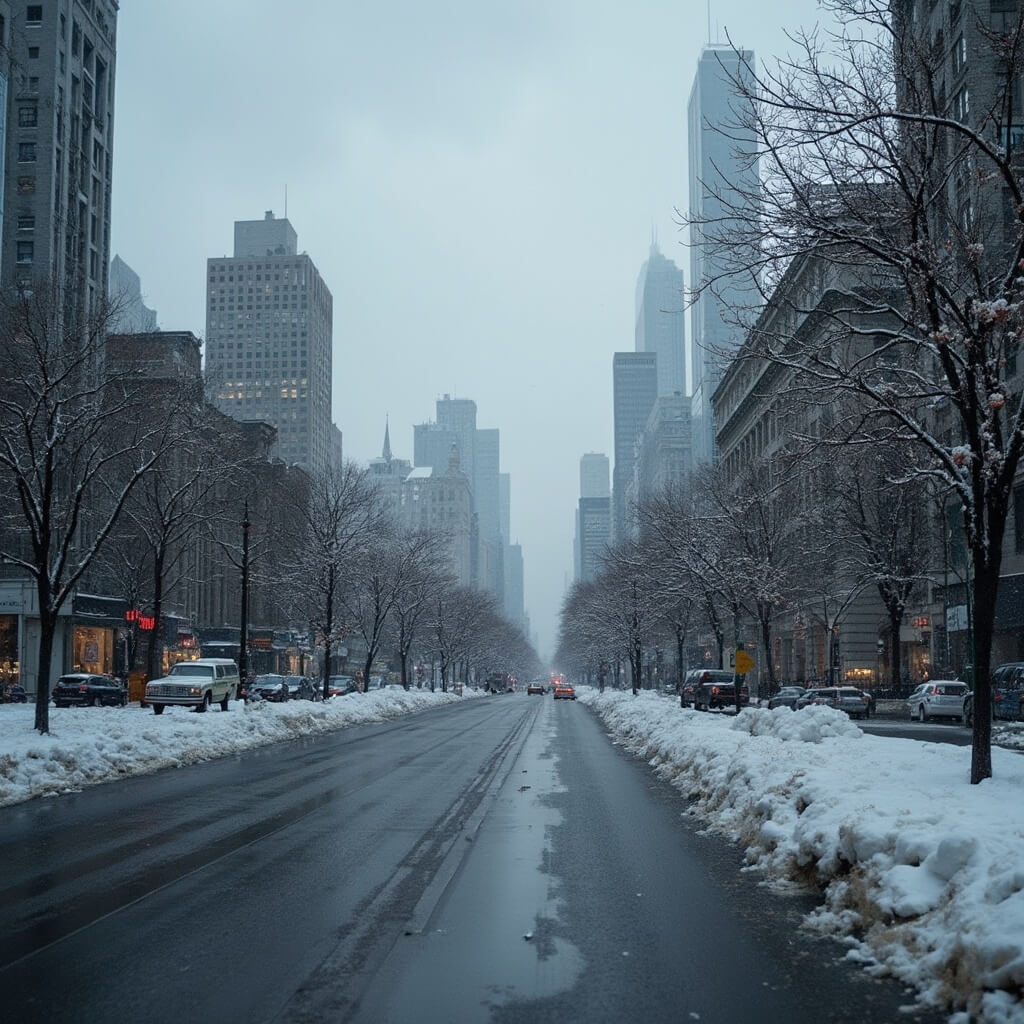 Dramatic winter cityscape of Chicago showcasing the iconic skyline, patches of melting snow on streets, bare trees budding with signs of early spring, under a cloudy gray sky, highlighting city's transitional mood