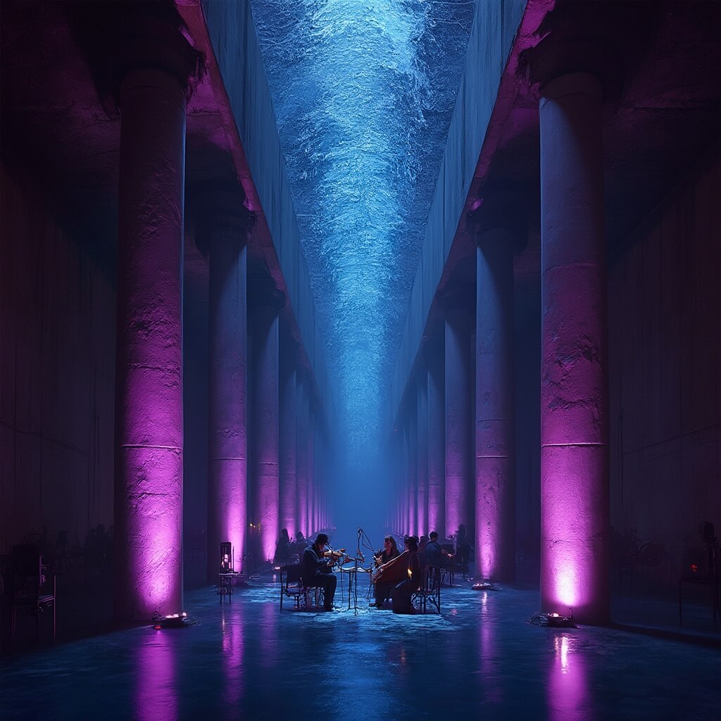 String musicians performing in an illuminated underground cylindrical reservoir at Buffalo Bayou Park Cistern, surrounded by towering concrete columns with water reflections on the ceiling.