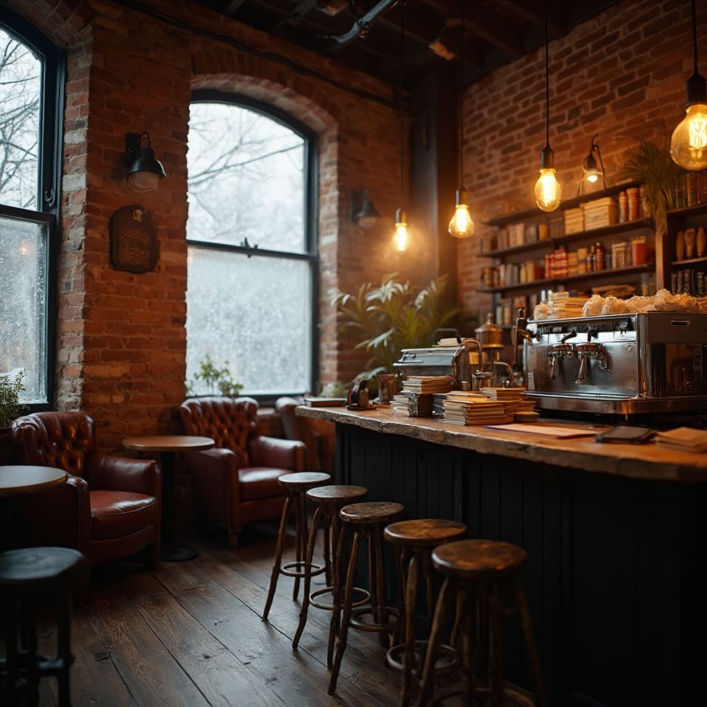 Interior of a quaint Brooklyn coffee shop with exposed brick walls, vintage lighting, mismatched leather armchairs, and a gleaming espresso machine on a wooden counter, with snowflakes falling outside steamy windows.
