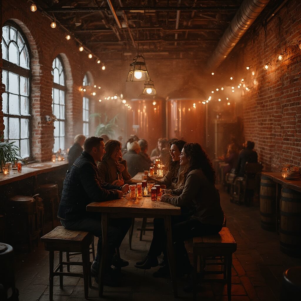Couples enjoying craft beer in a cozy, historic Milwaukee brewery with exposed brick walls, wooden barrel tables, and copper brewing tanks, in a romantic ambiance with snow falling outside frost-covered windows.