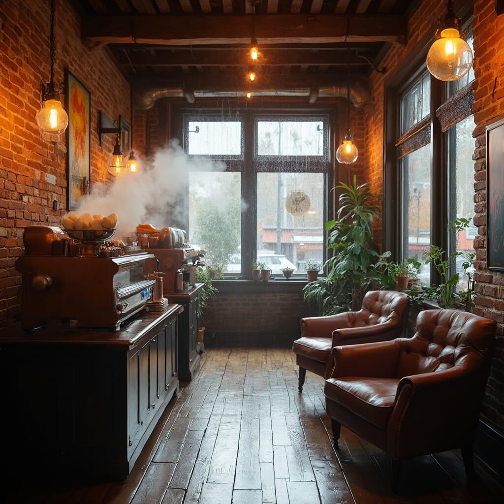 Interior of rustic Seattle coffee shop with warm lighting, exposed brick walls, wooden floors, vintage espresso machine, leather armchairs, rain-soaked windows, pendant lights, local artwork, and indoor plants