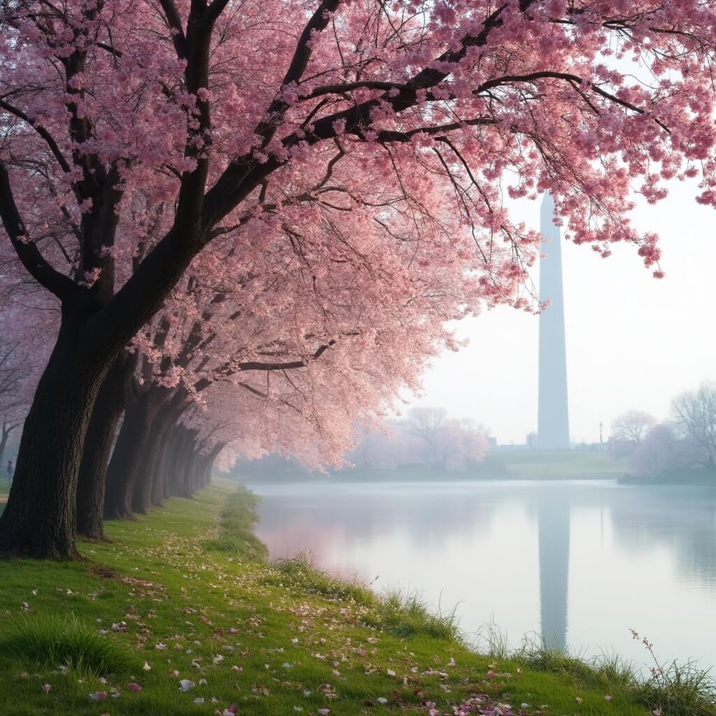 Cherry blossom trees blooming in vibrant colors along the Tidal Basin in Washington D.C. with the reflection in calm water, green grass, and historic monuments in soft morning light